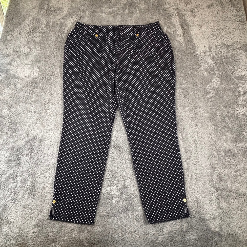Michael Kors Navy Blue Polka Dot Pull On Pants XL Gold Logo Hardware Ankle Slit